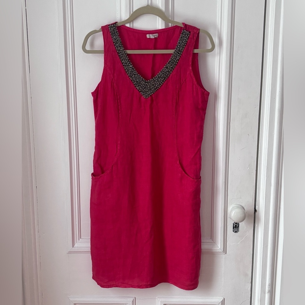 Lina Tomei Italian Red Linen Sleeveless Shift Dress with Beaded V Neckline Small